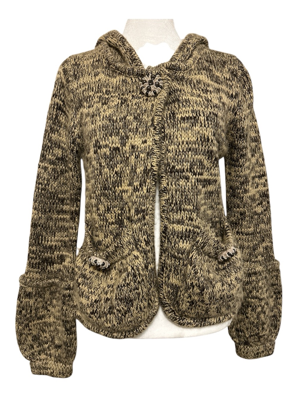 BCBGMaxAzria Marled Hooded Knit Cardigan in Brown and Black